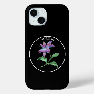 Iridescent Flower, Black Circle on Black, Name iPhone 15 Case
