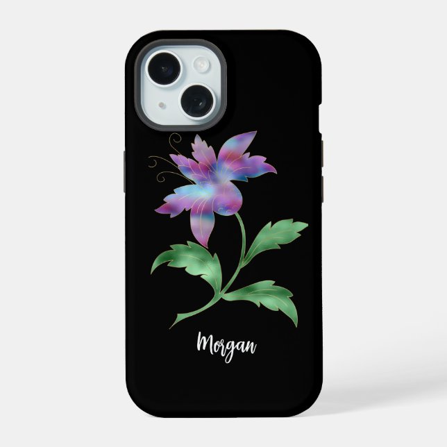 Iridescent Flower on Black, Script Name iPhone 15 Case (Back)