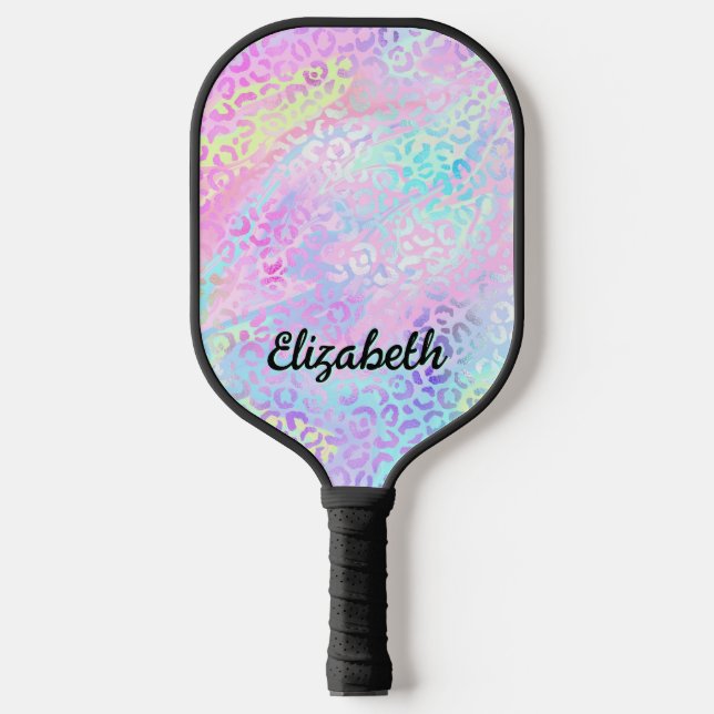 Iridescent Foil Rainbow Leopard Pink Pickleball Paddle (Front)
