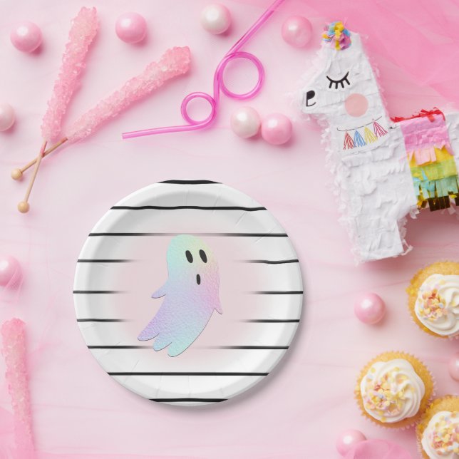 Iridescent Ghost Hey Boo Pink Halloween Birthday  Paper Plate (Party)