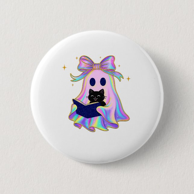 Iridescent ghost with a book and a black cat Class 2 Inch Round Button (Front)