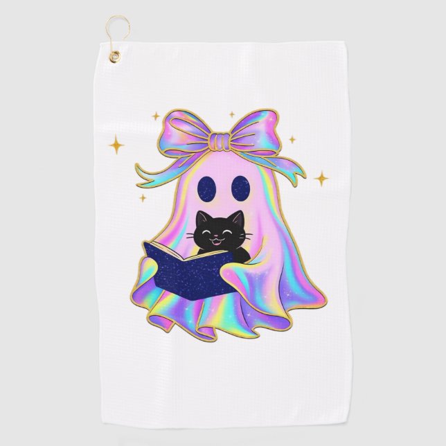 Iridescent ghost with a book and a black cat Class Golf Towel (Front)