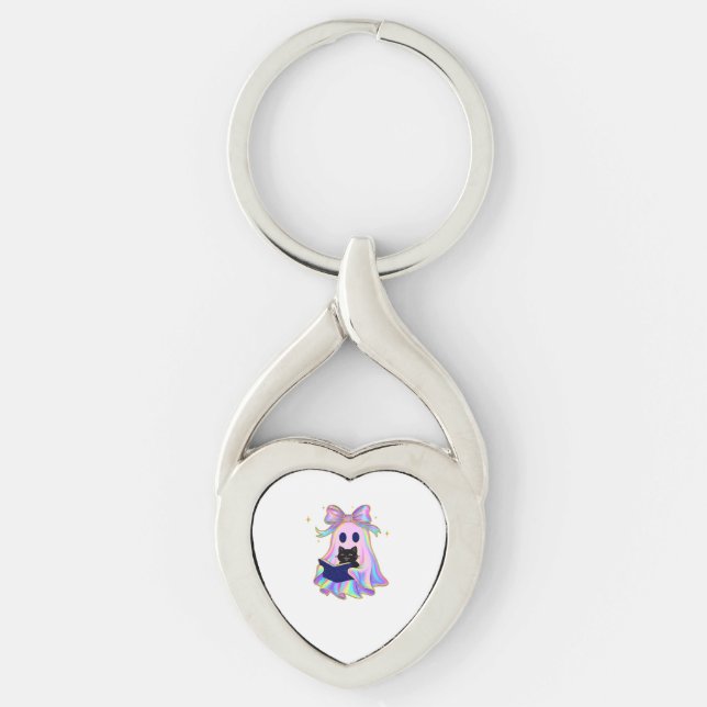 Iridescent ghost with a book and a black cat Class Keychain (Front)