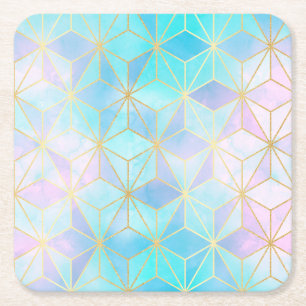 Iridescent Glass Geometric Pattern Square Paper Coaster