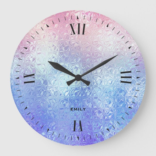 Iridescent glass ombre blue to rose-gold large clock (Front)