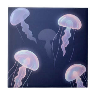 Iridescent Glowing Jellyfish Deep Blue Pink  Tile