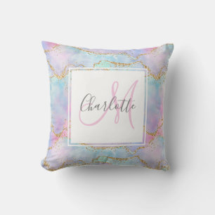 Iridescent gold glitter agate monogram throw pillow