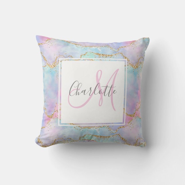 Iridescent gold glitter agate monogram  throw pillow (Front)