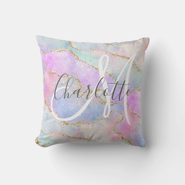 Iridescent gold glitter agate monogram throw pillow (Front)