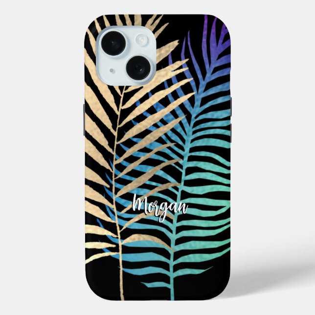 Iridescent/Gold Tropical Leaves Script Name, Black Case-Mate iPhone Case (Back)