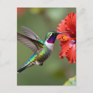 Iridescent Hummingbird Hibiscus Flower Portrait Postcard