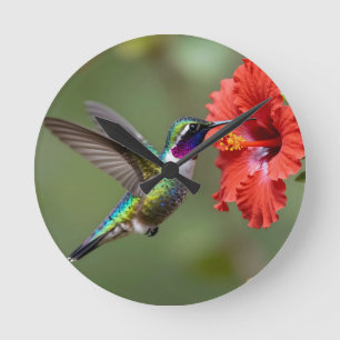 Iridescent Hummingbird Hibiscus Flower Portrait Round Clock
