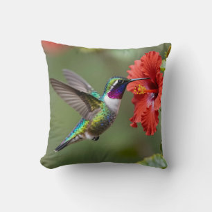 Iridescent Hummingbird Hibiscus Flower Portrait Throw Pillow