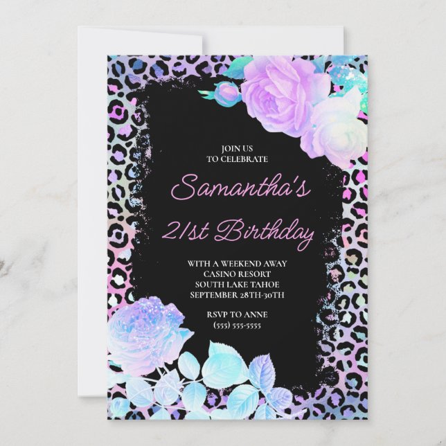 Iridescent Leopard Painted Black 21st Birthday Invitation (Front)