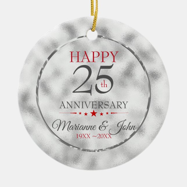 Iridescent Light Grey Glass- Silver Anniversary Ceramic Ornament (Front)