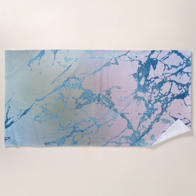 Iridescent Marble | Trendy Faux Holo Blue Pink Beach Towel (Front)