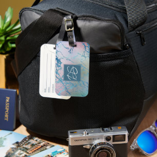 Iridescent Marble Trendy Faux Holo Blue Pink Luggage Tag
