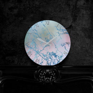 Iridescent Marble   Trendy Faux Holo Blue Pink Round Clock