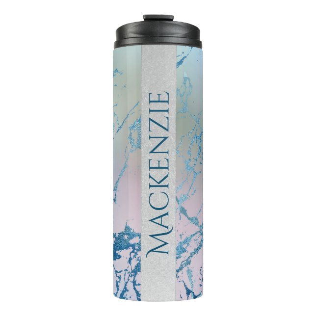 Iridescent Marble | Trendy Faux Holo Blue Pink Thermal Tumbler (Front)