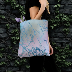 Iridescent Marble Trendy Faux Holo Blue Pink Tote Bag