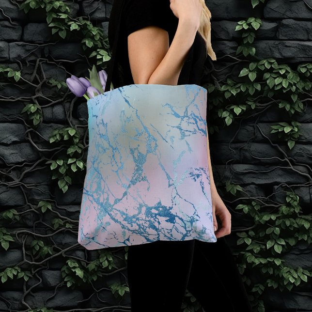 Iridescent Marble | Trendy Faux Holo Blue Pink Tote Bag (Creator Uploaded)