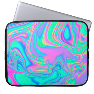 Iridescent marbled holographic texture in vibrant laptop sleeve