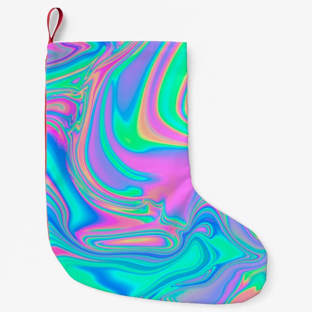 Iridescent marbled holographic texture in vibrant  small christmas stocking (Front)