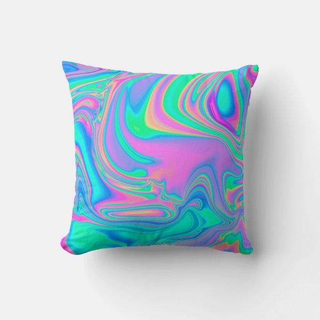 Iridescent marbled holographic texture in vibrant  throw pillow (Front)