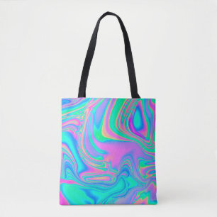 Iridescent marbled holographic texture in vibrant tote bag