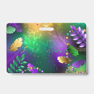 Iridescent mardi gras background with beads badge