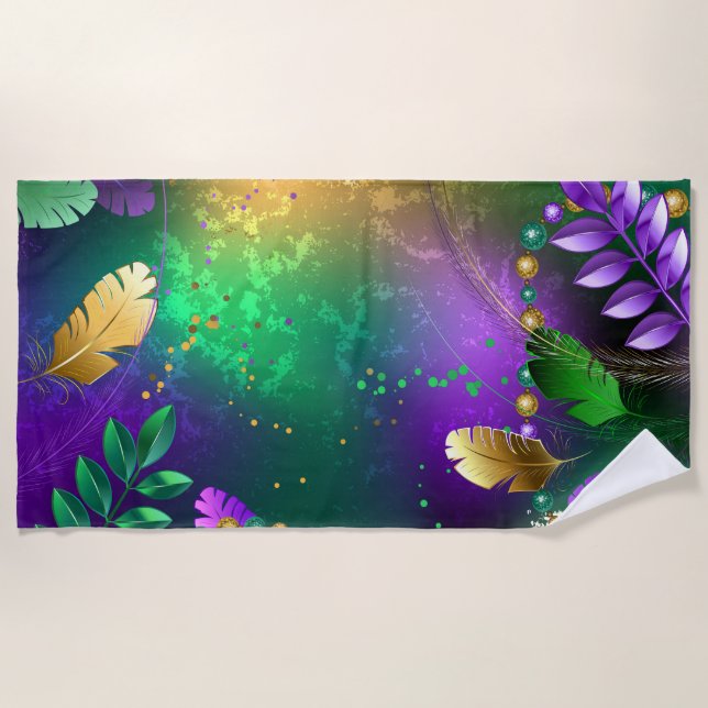 Iridescent mardi gras background with beads beach towel (Front)