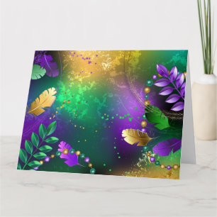 Iridescent mardi gras background with beads card