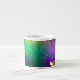 Iridescent mardi gras background with beads espresso cup