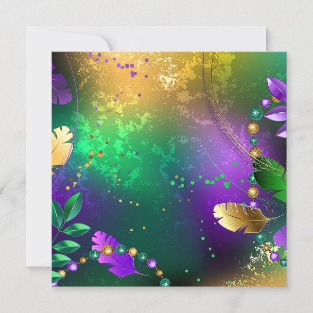 Iridescent mardi gras background with beads invitation (Front)