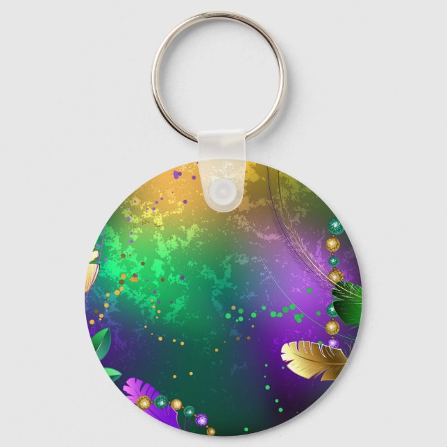 Iridescent mardi gras background with beads keychain (Front)