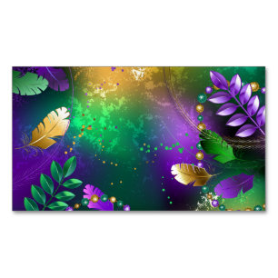 Iridescent mardi gras background with beads 	Magnetic business card