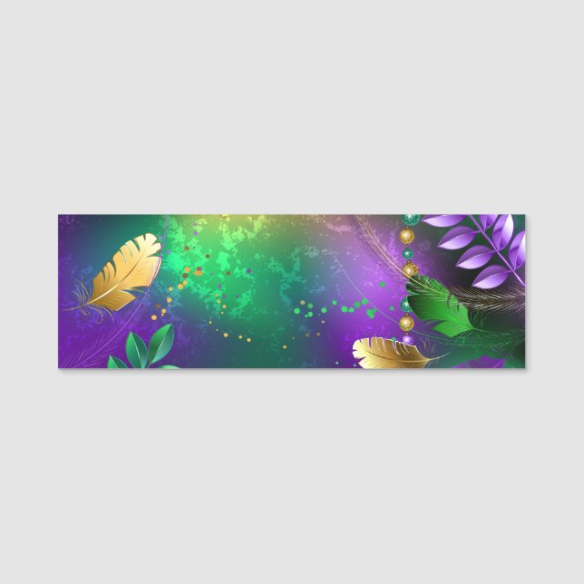 Iridescent mardi gras background with beads name tag (Front)
