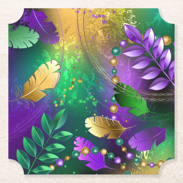 Iridescent mardi gras background with beads paper coaster (Front)