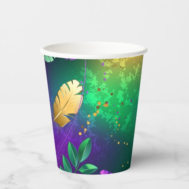 Iridescent mardi gras background with beads paper cups (Front)