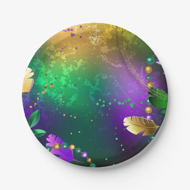 Iridescent mardi gras background with beads paper plate (Front)