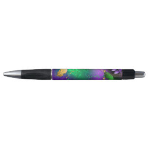 Iridescent mardi gras background with beads pen