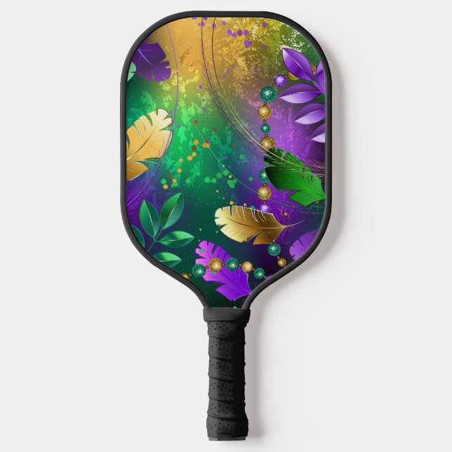 Iridescent mardi gras background with beads pickleball paddle (Front)