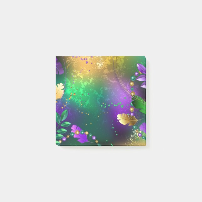 Iridescent mardi gras background with beads post-it notes (Front)