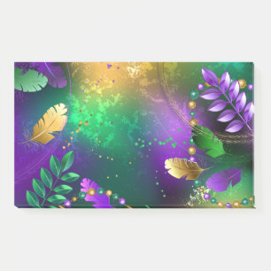 Iridescent mardi gras background with beads post-it notes
