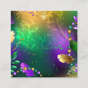 Iridescent mardi gras background with beads square business card