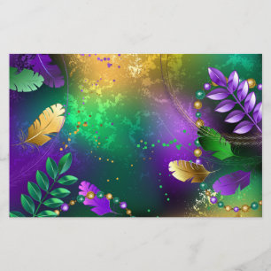 Iridescent mardi gras background with beads stationery