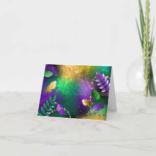 Iridescent mardi gras background with beads thank you card