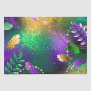 Iridescent mardi gras background with beads tissue paper
