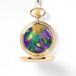 Iridescent mardi gras background with beads watch