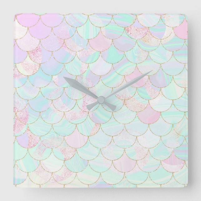 Iridescent Mermaid Scales Square Wall Clock (Front)